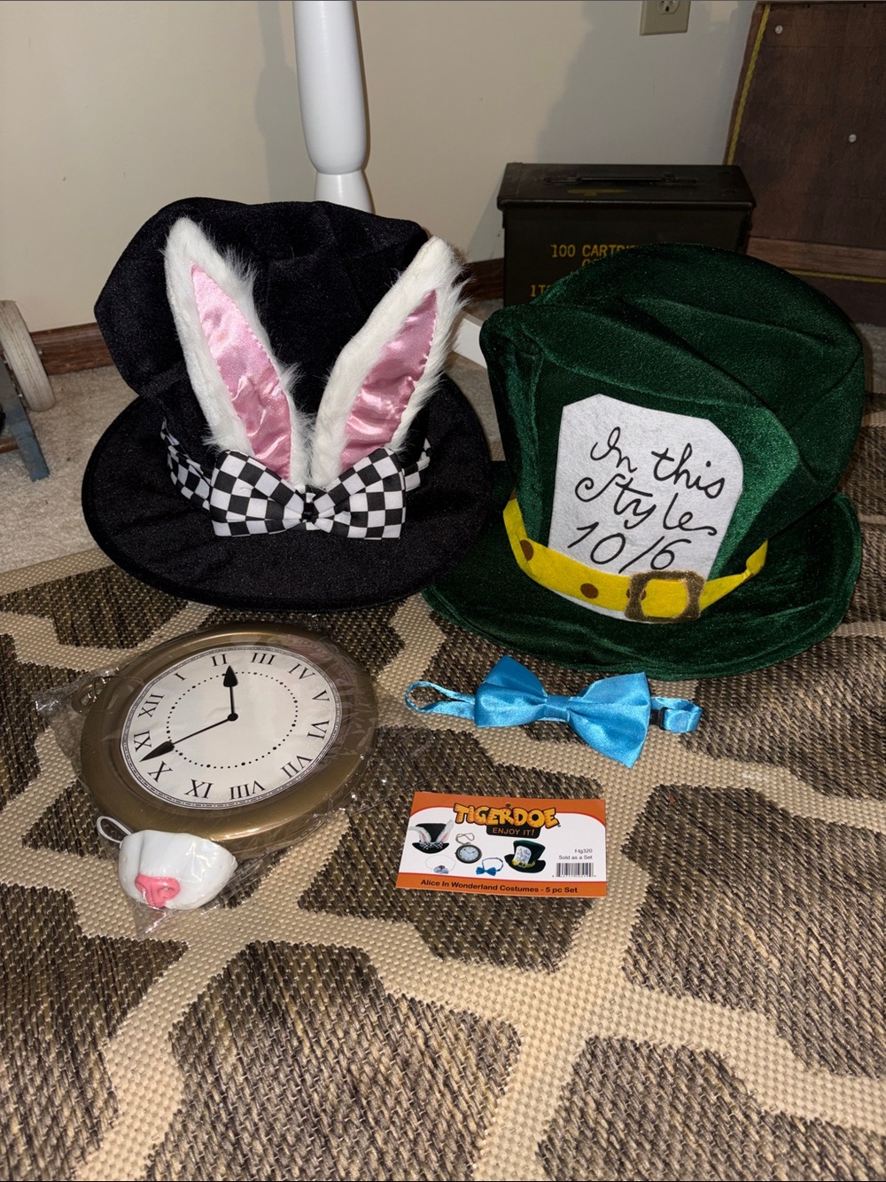 Alice-Inspired Bunny Ear & Mad Hatter Costume Hat Set - Black & Green